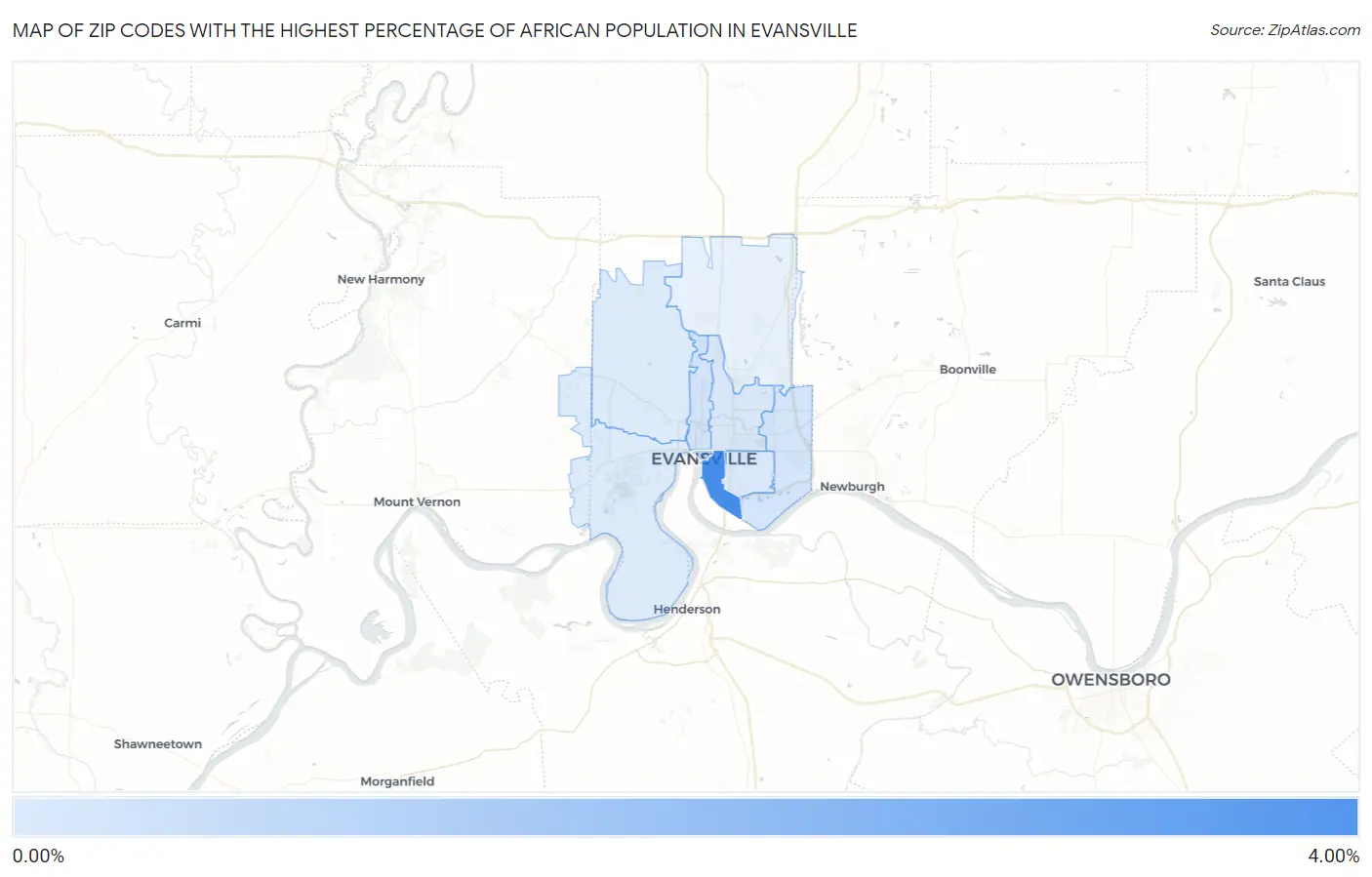 Zip Codes with the Highest Percentage of African Population in Evansville Map