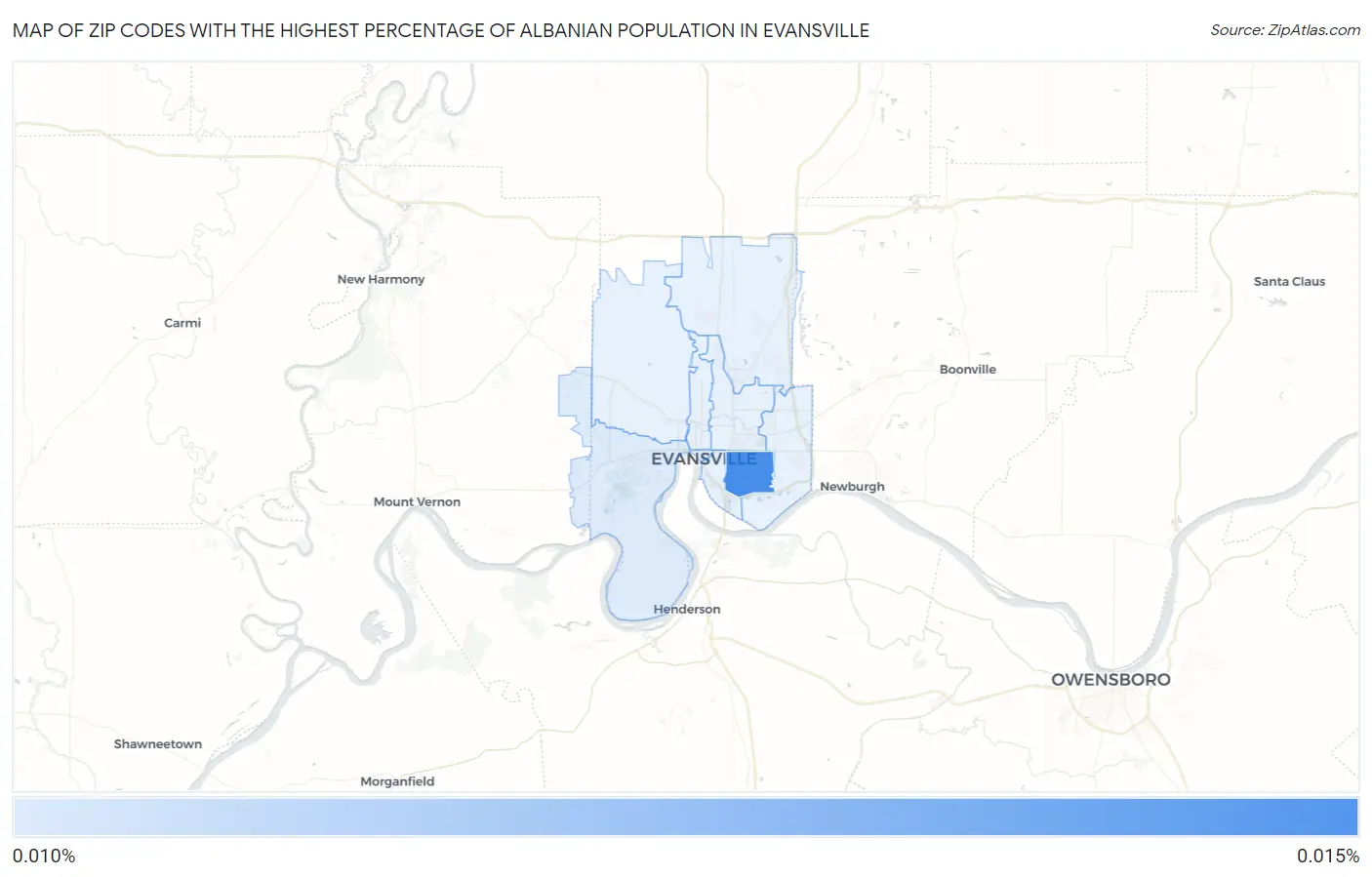 Zip Codes with the Highest Percentage of Albanian Population in Evansville Map