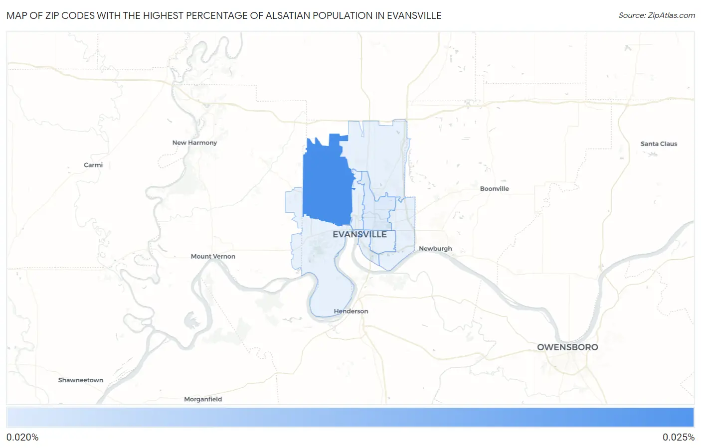 Zip Codes with the Highest Percentage of Alsatian Population in Evansville Map