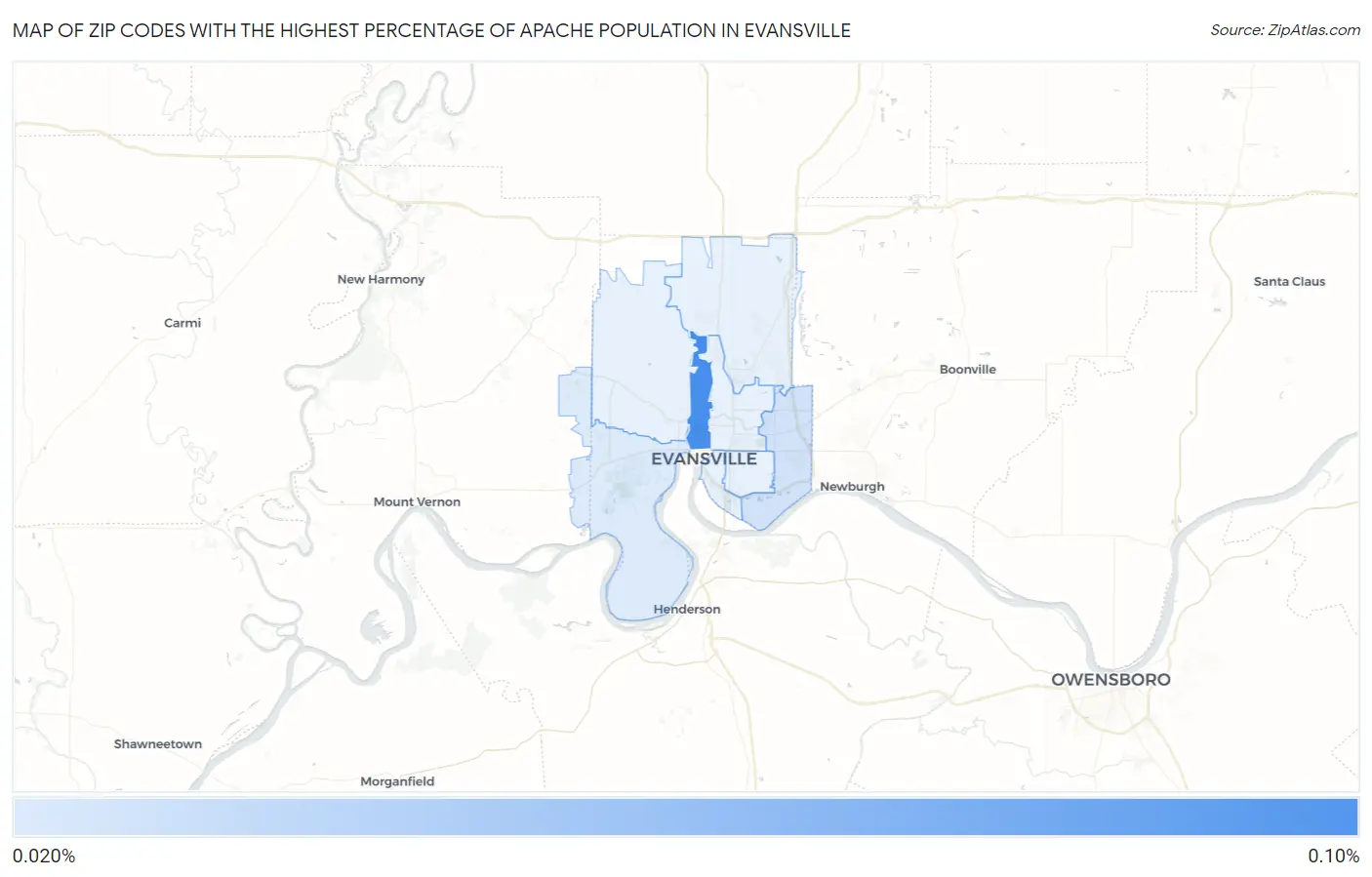 Zip Codes with the Highest Percentage of Apache Population in Evansville Map