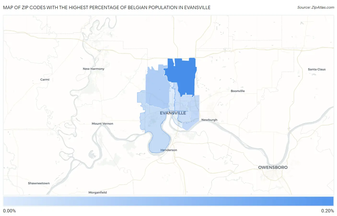 Zip Codes with the Highest Percentage of Belgian Population in Evansville Map