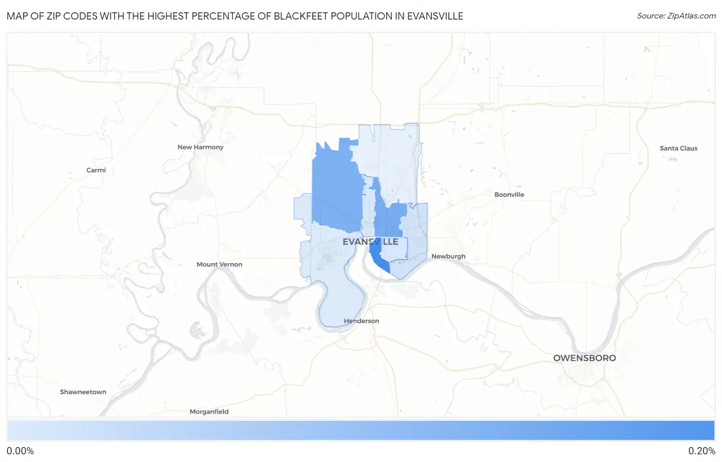 Zip Codes with the Highest Percentage of Blackfeet Population in Evansville Map