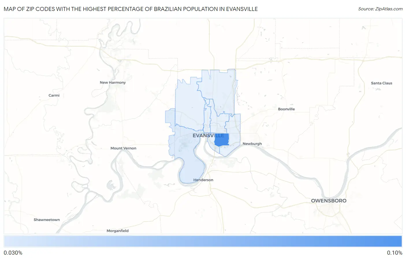 Zip Codes with the Highest Percentage of Brazilian Population in Evansville Map