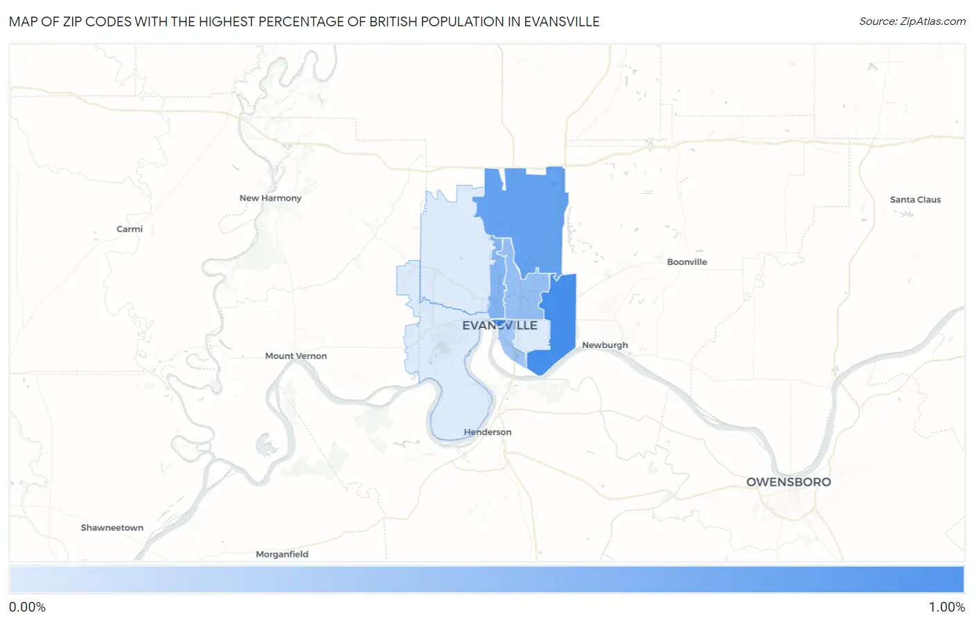 Zip Codes with the Highest Percentage of British Population in Evansville Map
