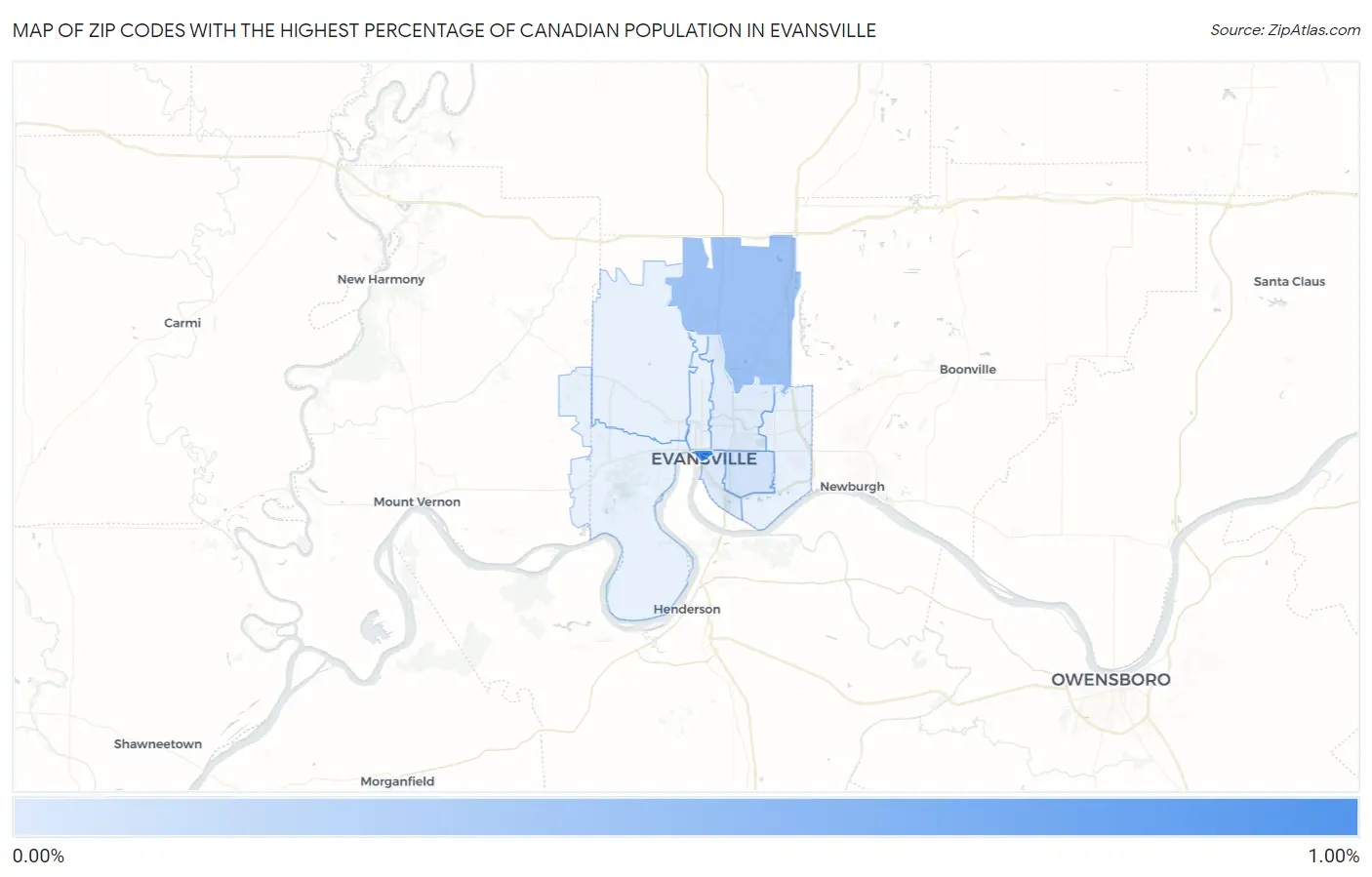 Zip Codes with the Highest Percentage of Canadian Population in Evansville Map