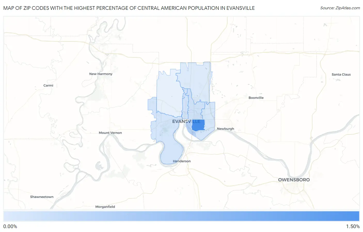 Zip Codes with the Highest Percentage of Central American Population in Evansville Map