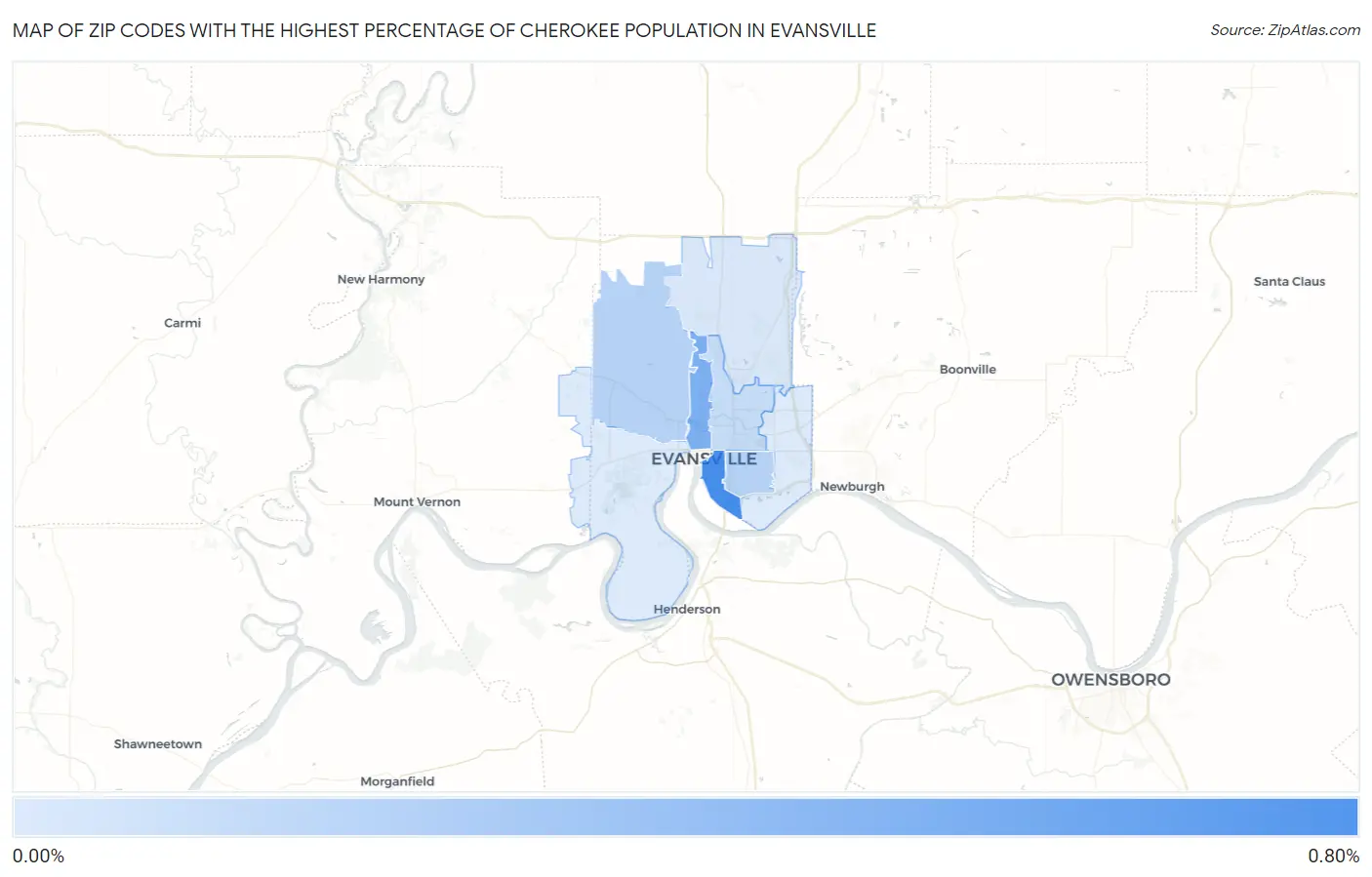Zip Codes with the Highest Percentage of Cherokee Population in Evansville Map