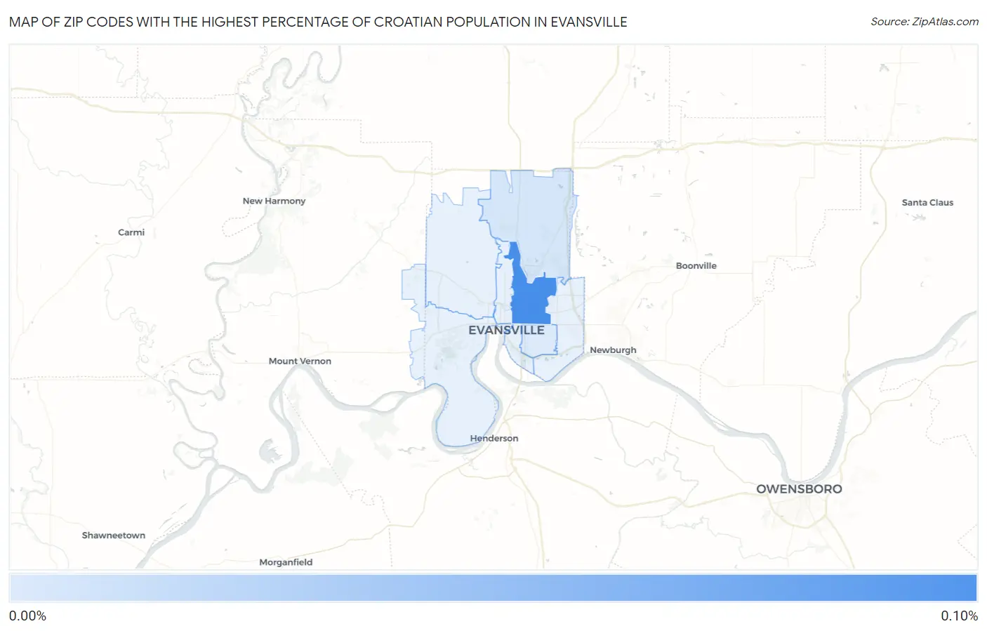 Zip Codes with the Highest Percentage of Croatian Population in Evansville Map