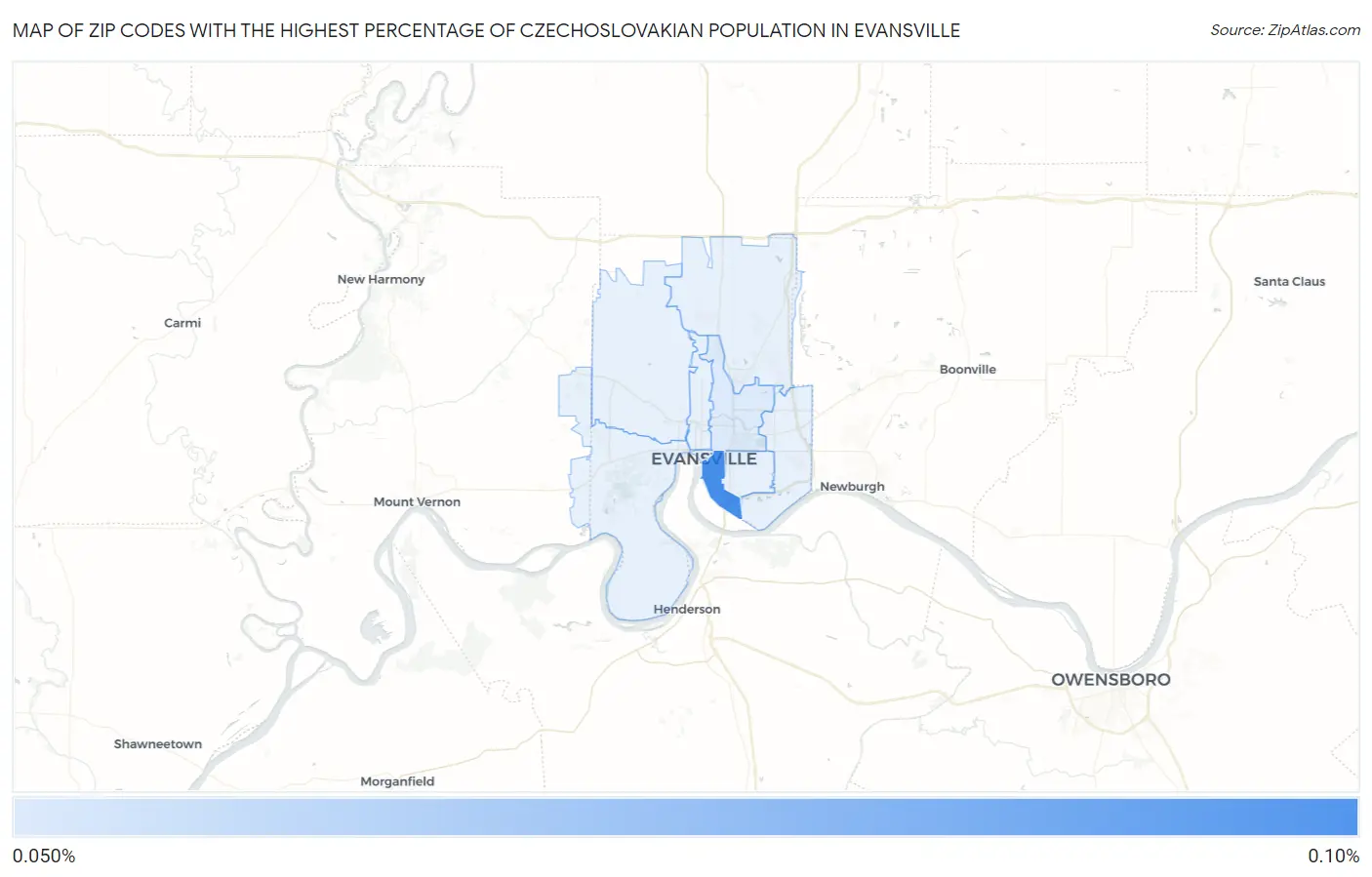 Zip Codes with the Highest Percentage of Czechoslovakian Population in Evansville Map