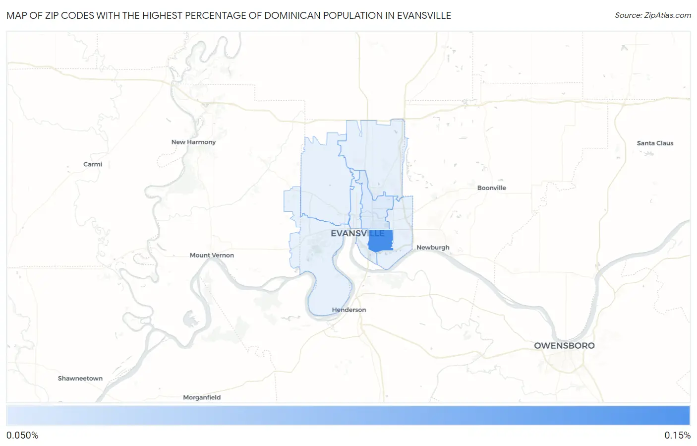 Zip Codes with the Highest Percentage of Dominican Population in Evansville Map