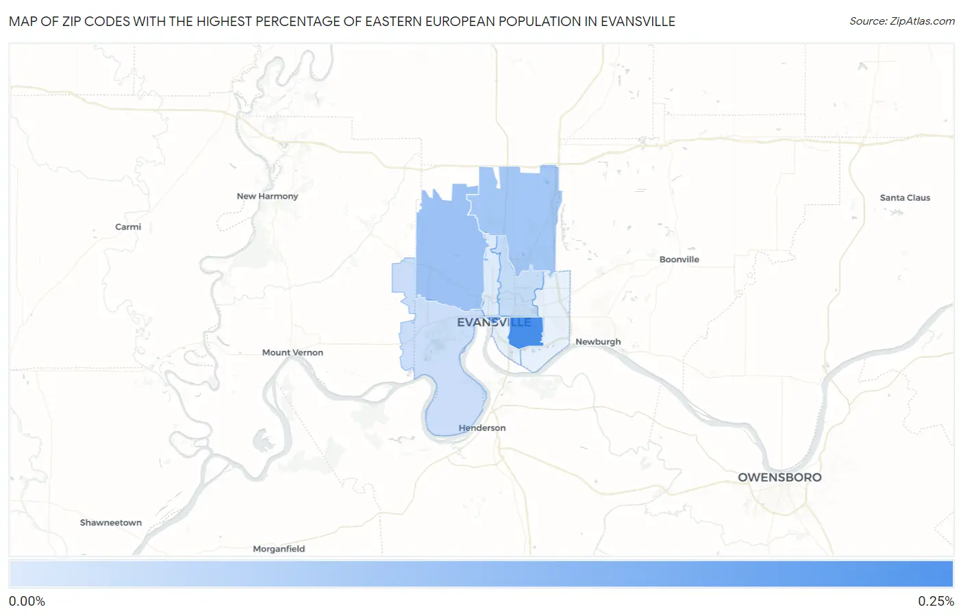 Zip Codes with the Highest Percentage of Eastern European Population in Evansville Map