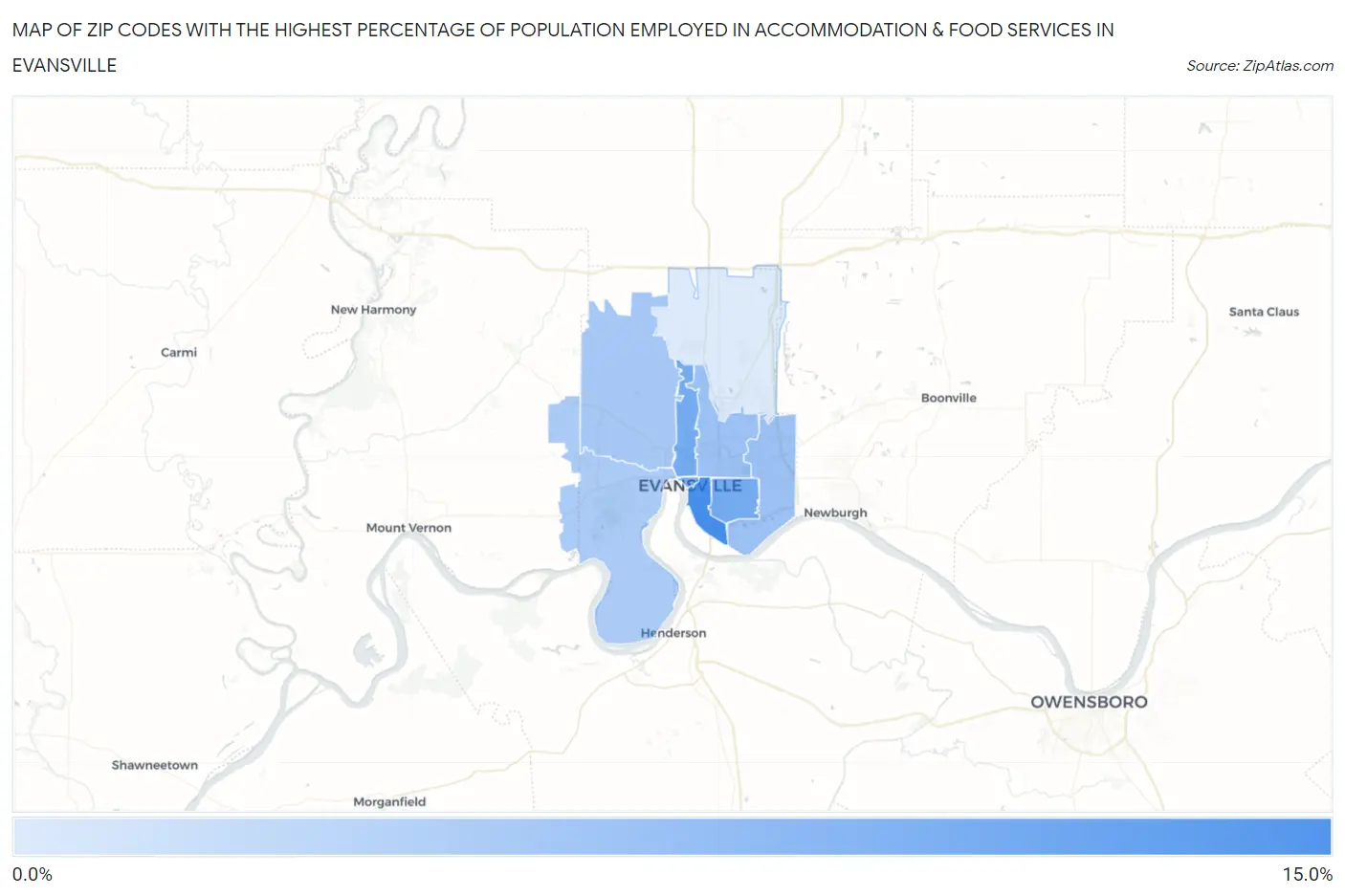 Zip Codes with the Highest Percentage of Population Employed in Accommodation & Food Services in Evansville Map