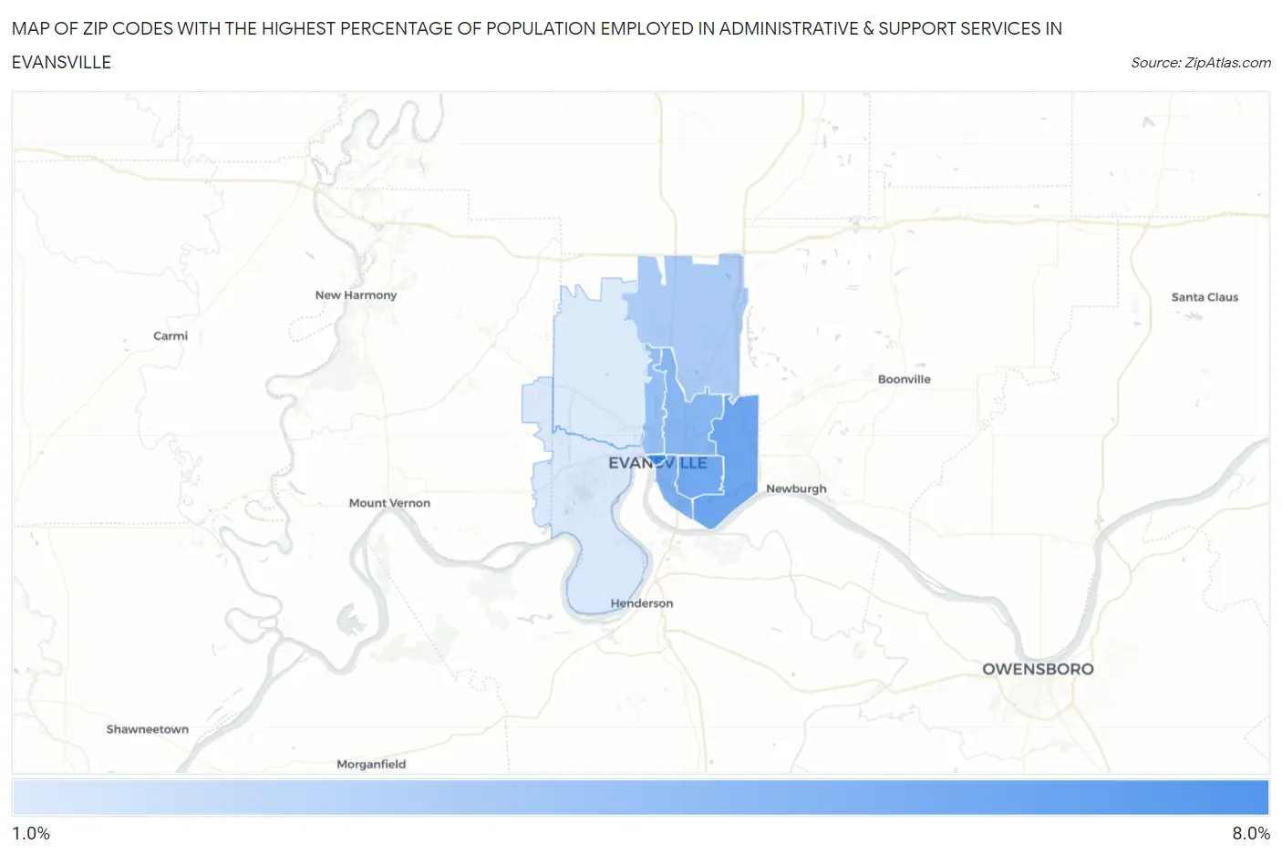 Zip Codes with the Highest Percentage of Population Employed in Administrative & Support Services in Evansville Map