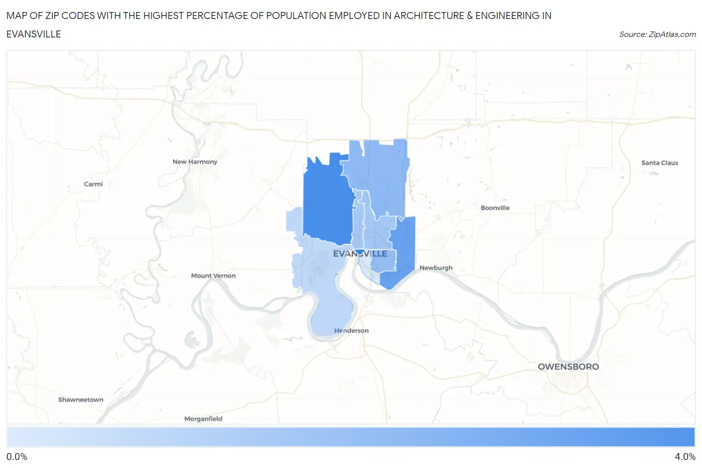 Zip Codes with the Highest Percentage of Population Employed in Architecture & Engineering in Evansville Map