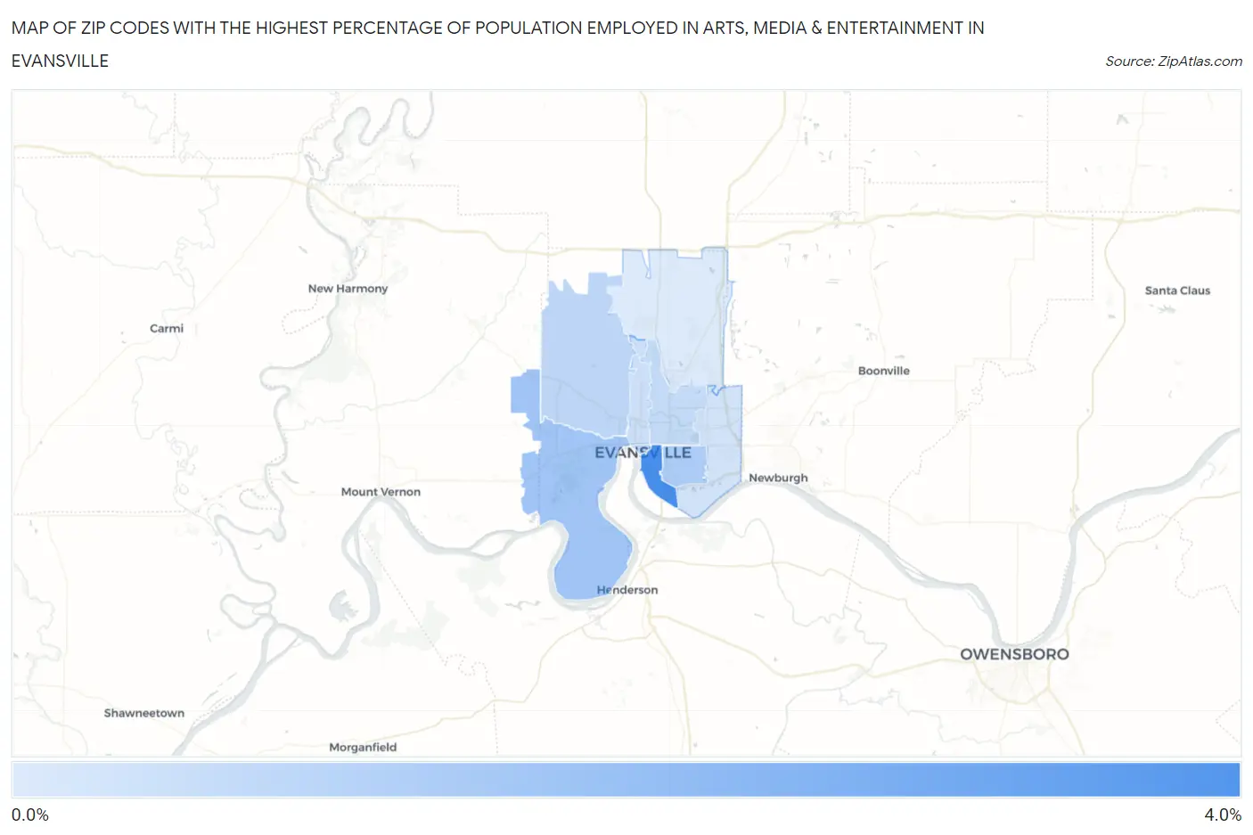 Zip Codes with the Highest Percentage of Population Employed in Arts, Media & Entertainment in Evansville Map