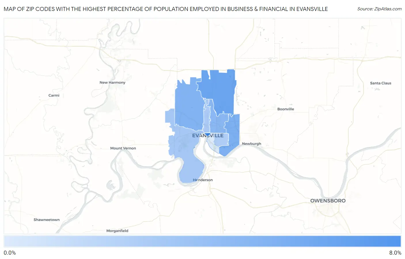 Zip Codes with the Highest Percentage of Population Employed in Business & Financial in Evansville Map