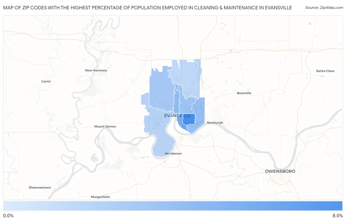Zip Codes with the Highest Percentage of Population Employed in Cleaning & Maintenance in Evansville Map