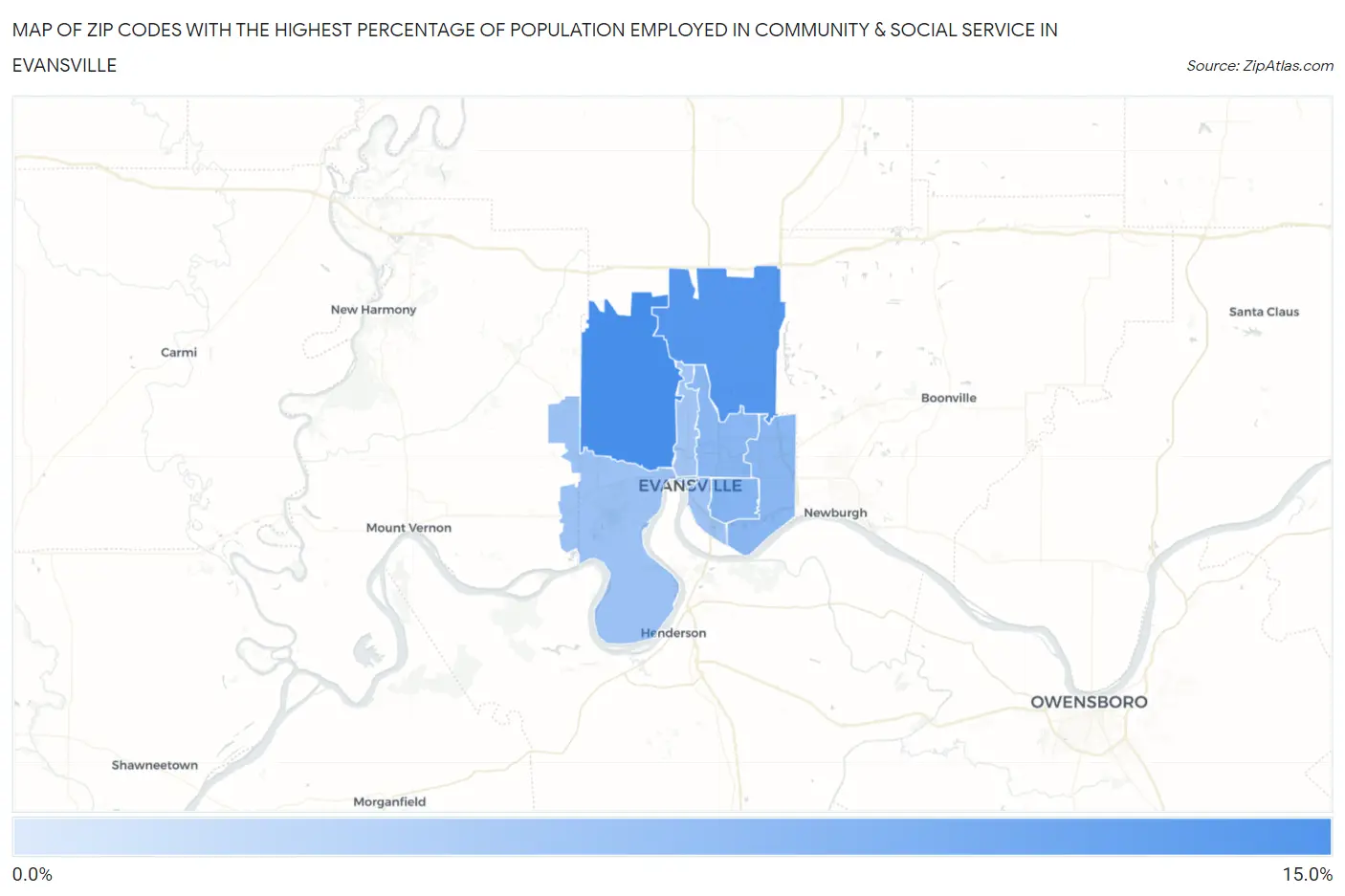 Zip Codes with the Highest Percentage of Population Employed in Community & Social Service  in Evansville Map