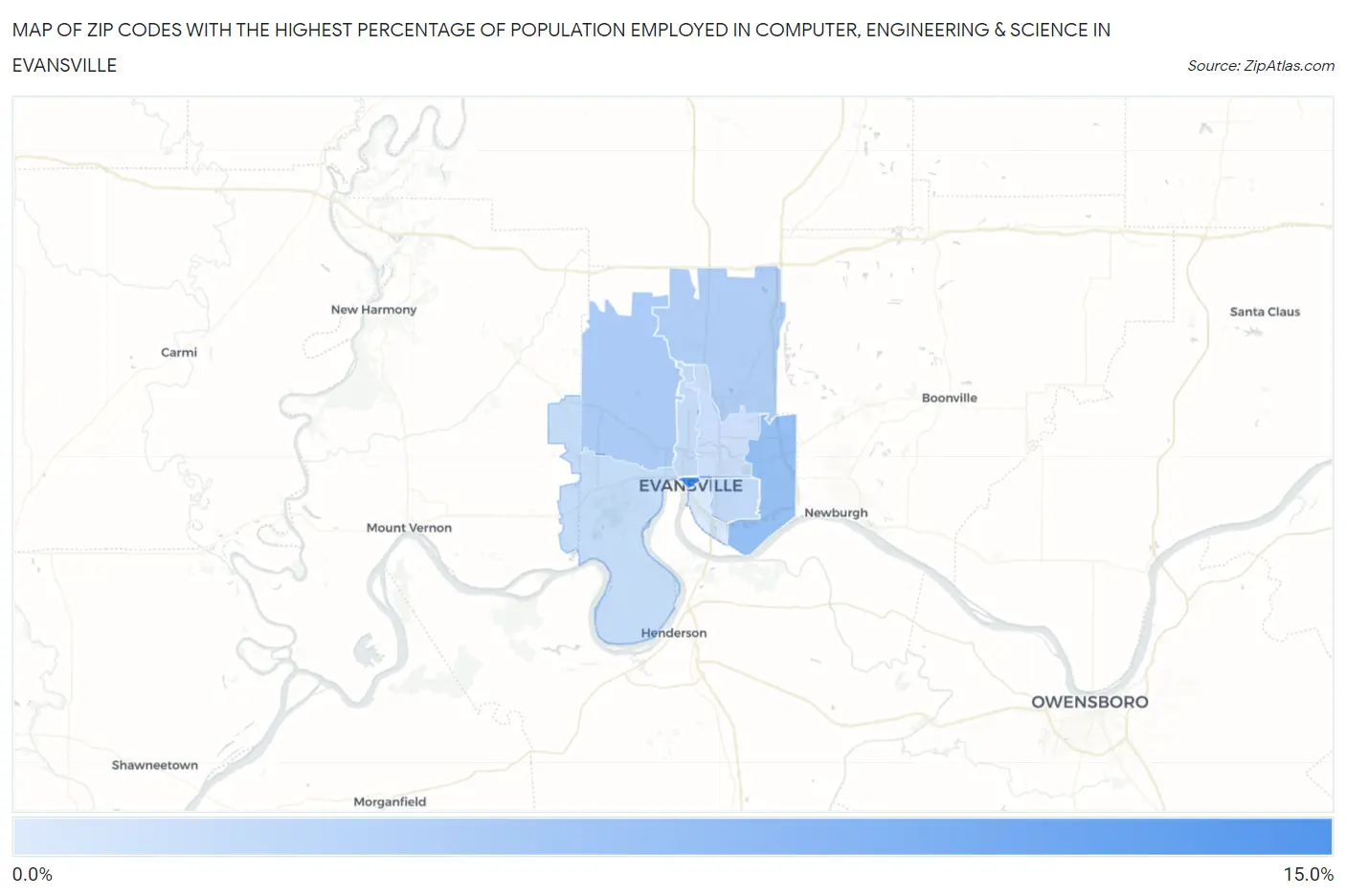 Zip Codes with the Highest Percentage of Population Employed in Computer, Engineering & Science in Evansville Map