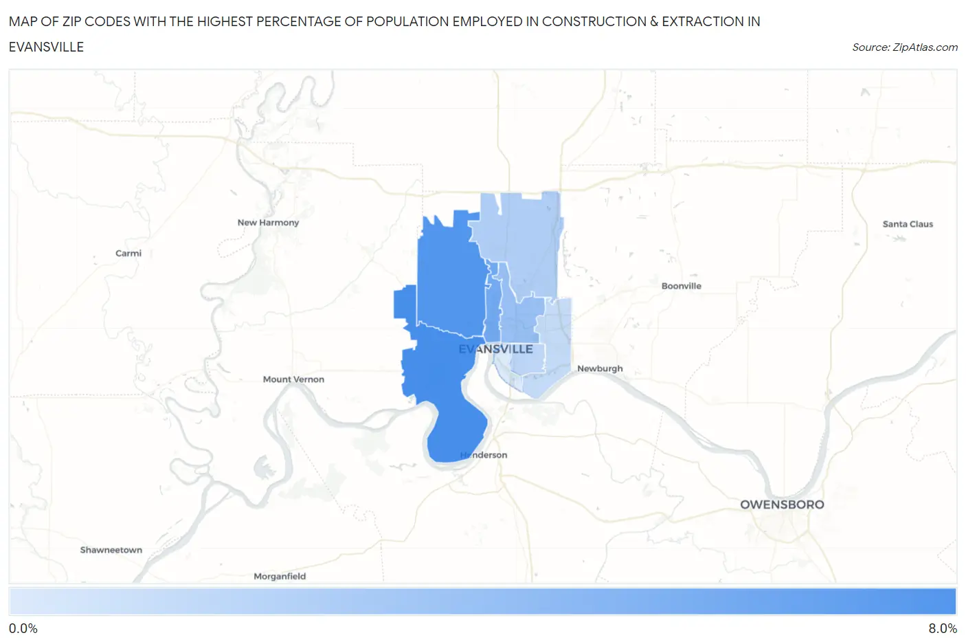 Zip Codes with the Highest Percentage of Population Employed in Construction & Extraction in Evansville Map