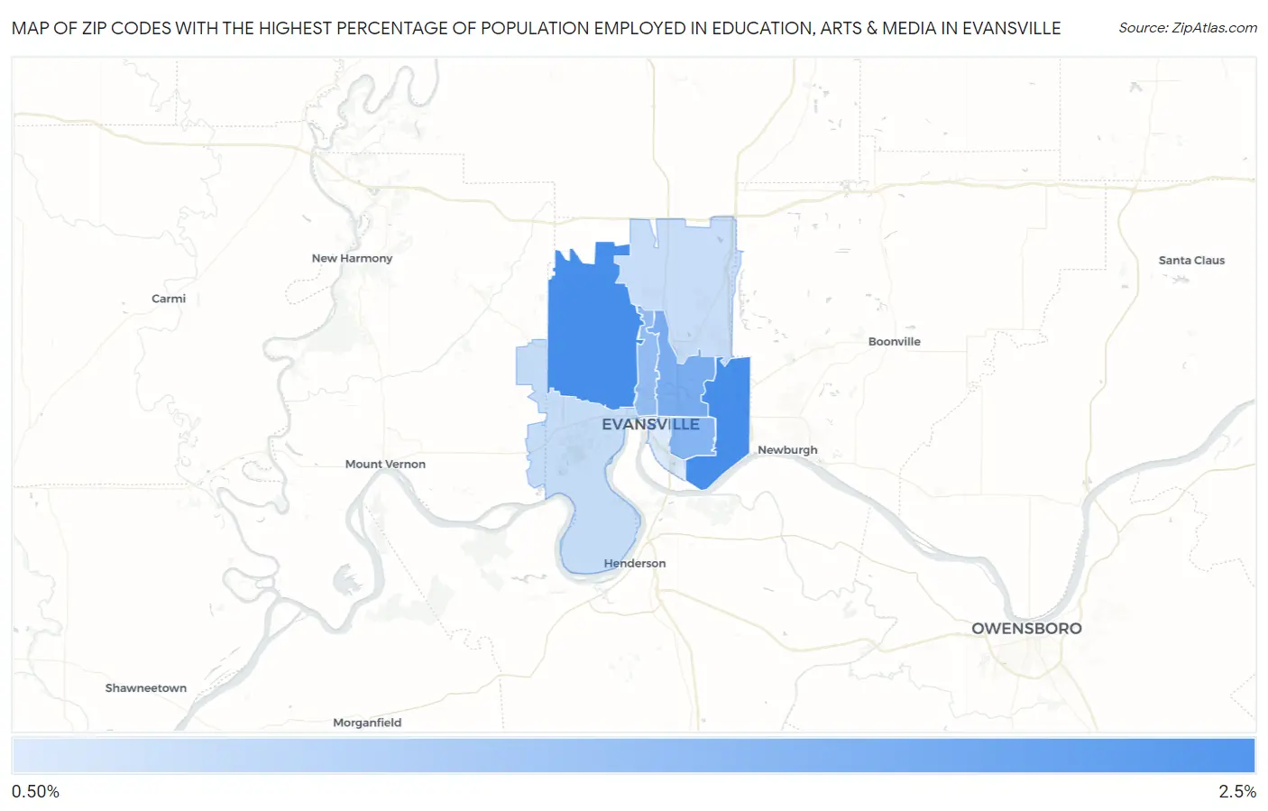 Zip Codes with the Highest Percentage of Population Employed in Education, Arts & Media in Evansville Map
