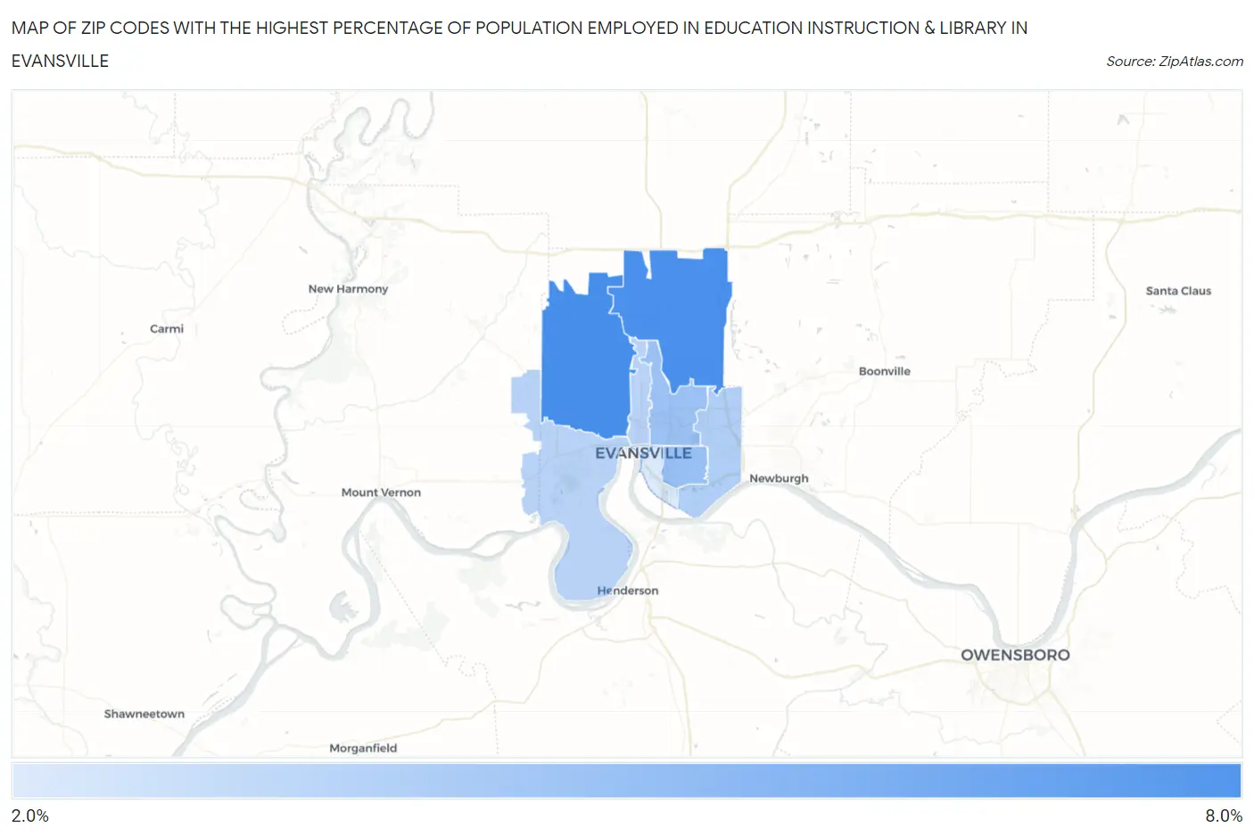 Zip Codes with the Highest Percentage of Population Employed in Education Instruction & Library in Evansville Map
