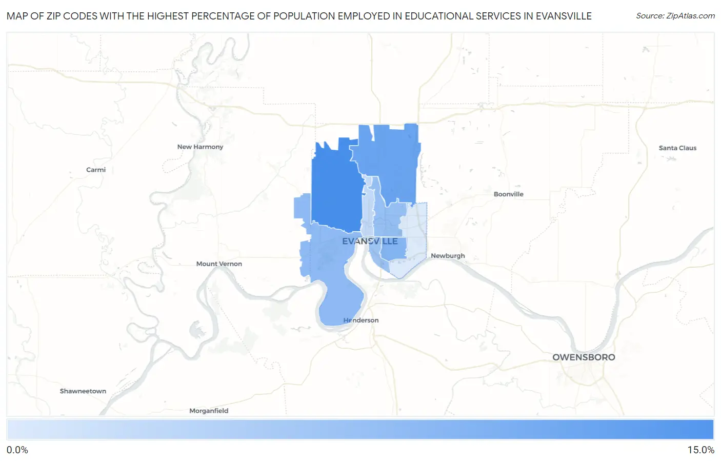 Zip Codes with the Highest Percentage of Population Employed in Educational Services in Evansville Map