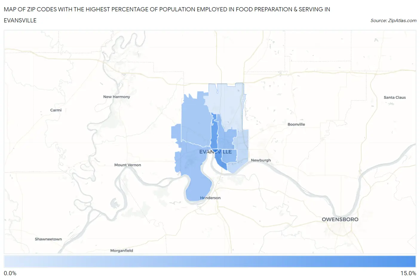Zip Codes with the Highest Percentage of Population Employed in Food Preparation & Serving in Evansville Map