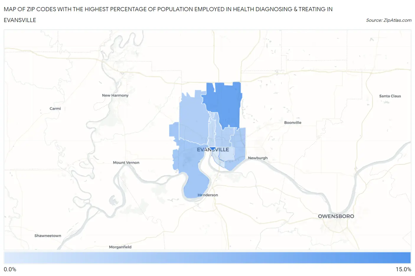 Zip Codes with the Highest Percentage of Population Employed in Health Diagnosing & Treating in Evansville Map