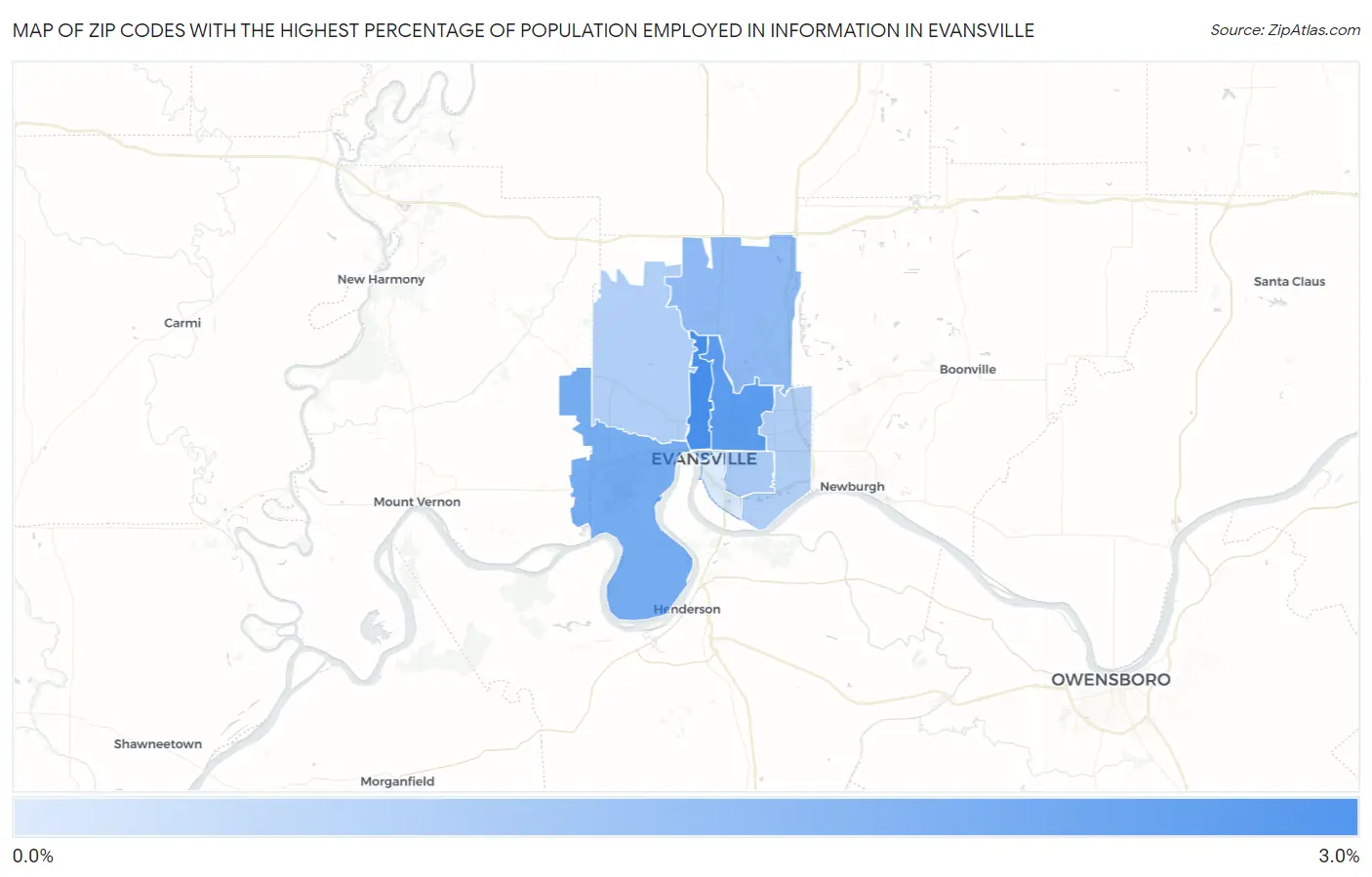 Zip Codes with the Highest Percentage of Population Employed in Information in Evansville Map