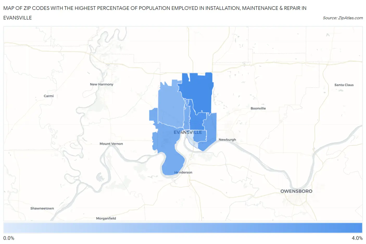 Zip Codes with the Highest Percentage of Population Employed in Installation, Maintenance & Repair in Evansville Map