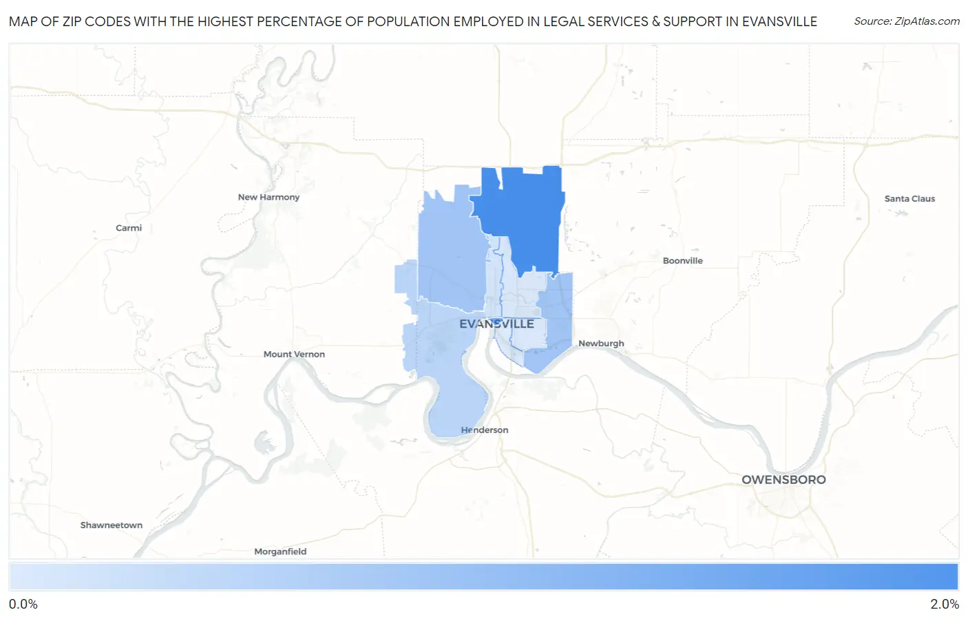 Zip Codes with the Highest Percentage of Population Employed in Legal Services & Support in Evansville Map