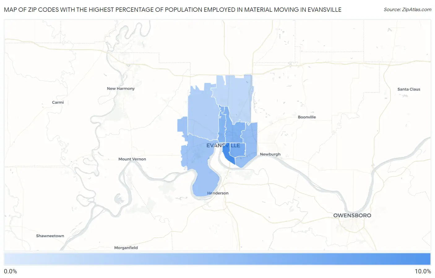 Zip Codes with the Highest Percentage of Population Employed in Material Moving in Evansville Map