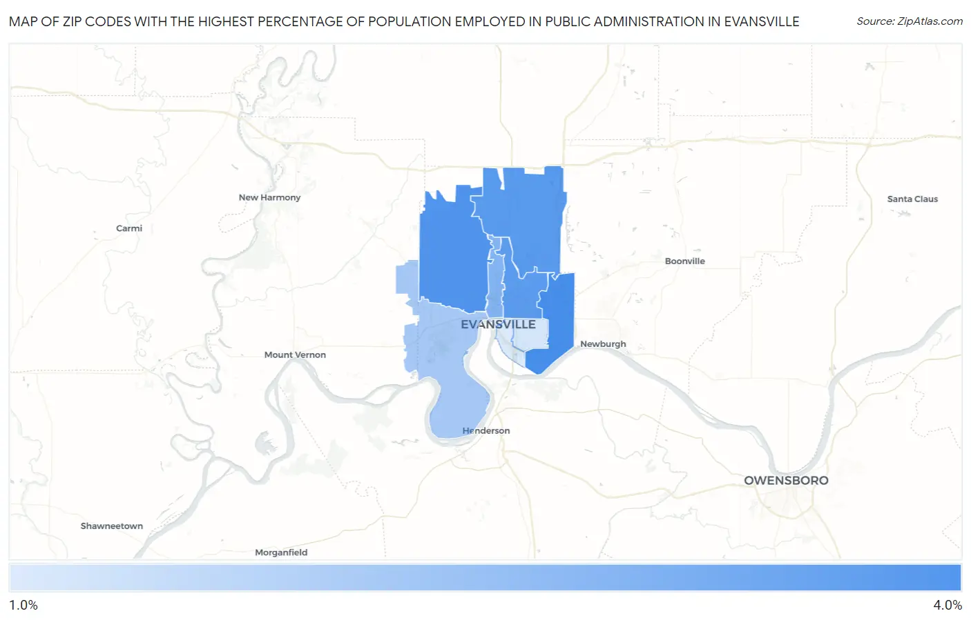 Zip Codes with the Highest Percentage of Population Employed in Public Administration in Evansville Map
