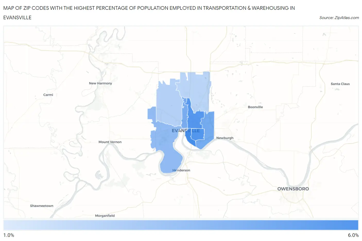 Zip Codes with the Highest Percentage of Population Employed in Transportation & Warehousing in Evansville Map