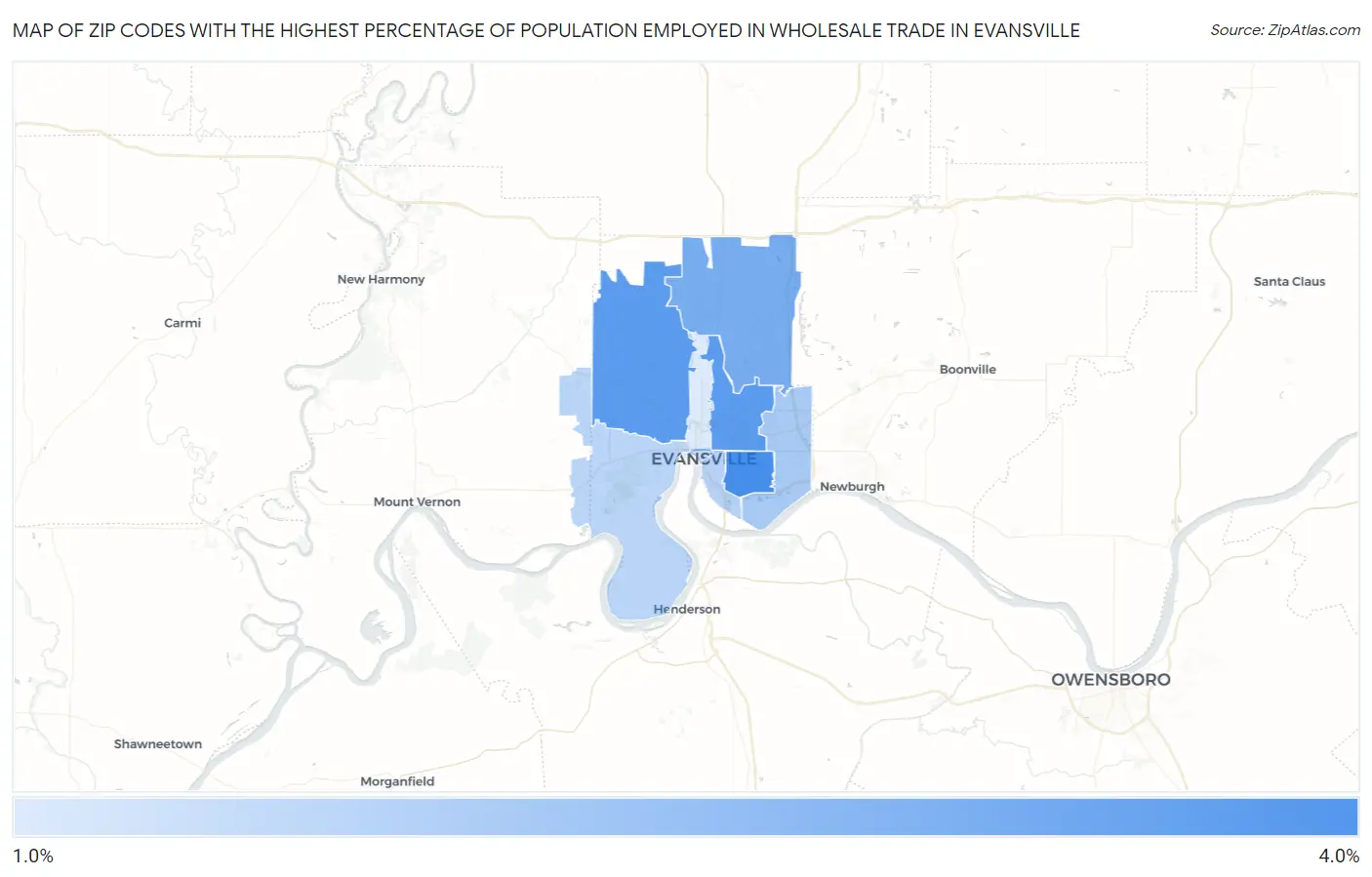 Zip Codes with the Highest Percentage of Population Employed in Wholesale Trade in Evansville Map
