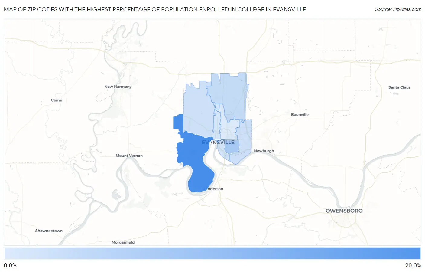 Zip Codes with the Highest Percentage of Population Enrolled in College in Evansville Map