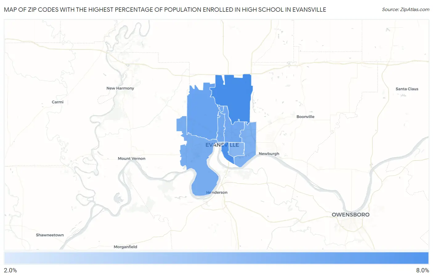 Zip Codes with the Highest Percentage of Population Enrolled in High School in Evansville Map