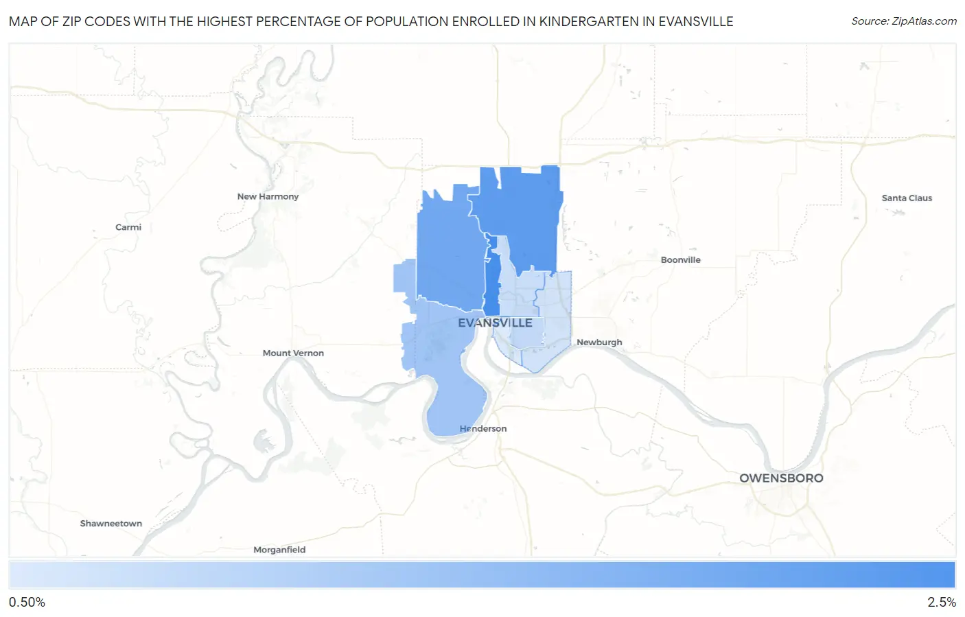 Zip Codes with the Highest Percentage of Population Enrolled in Kindergarten in Evansville Map