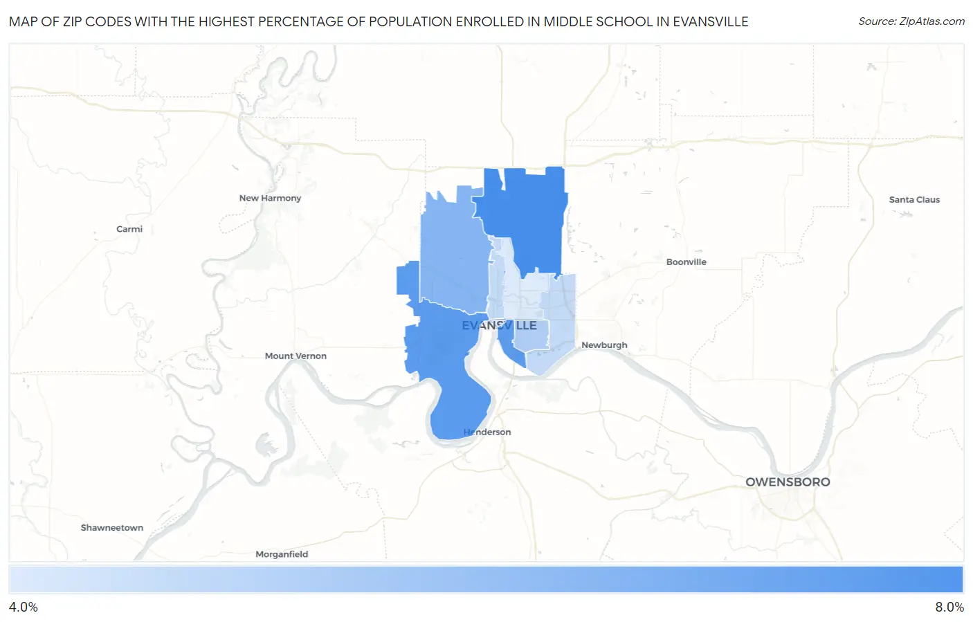 Zip Codes with the Highest Percentage of Population Enrolled in Middle School in Evansville Map
