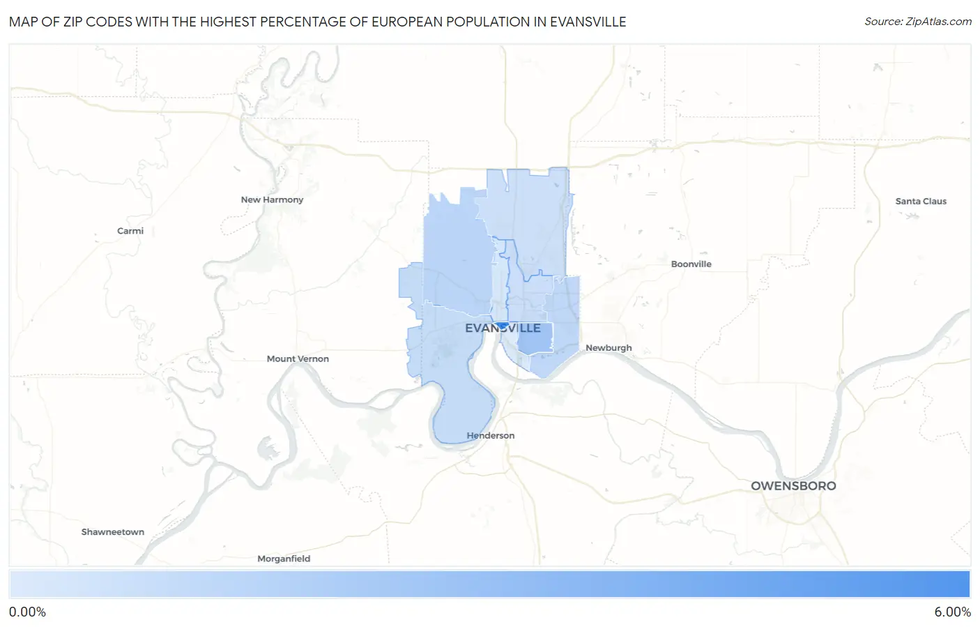 Zip Codes with the Highest Percentage of European Population in Evansville Map