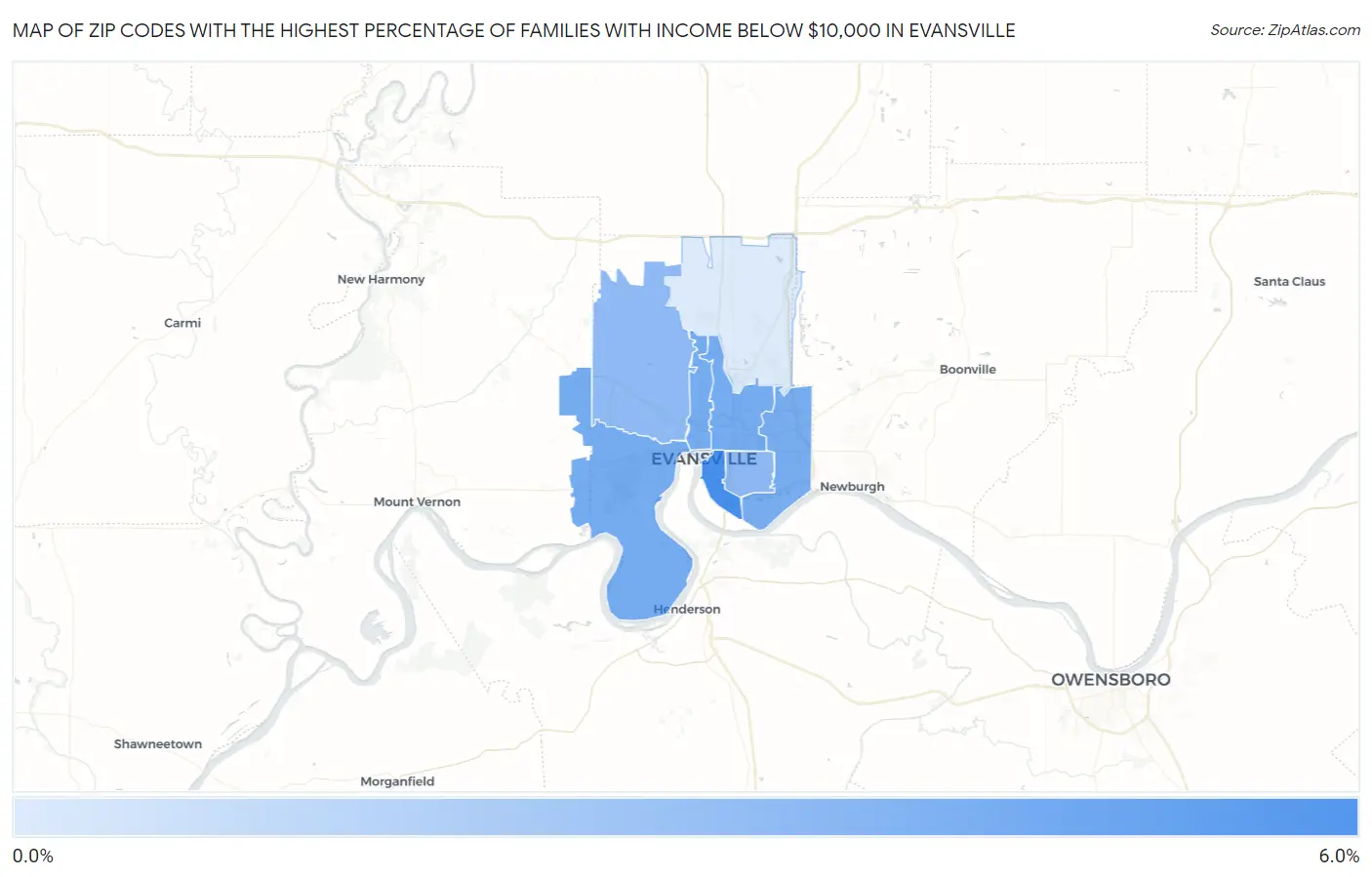 Zip Codes with the Highest Percentage of Families with Income Below $10,000 in Evansville Map