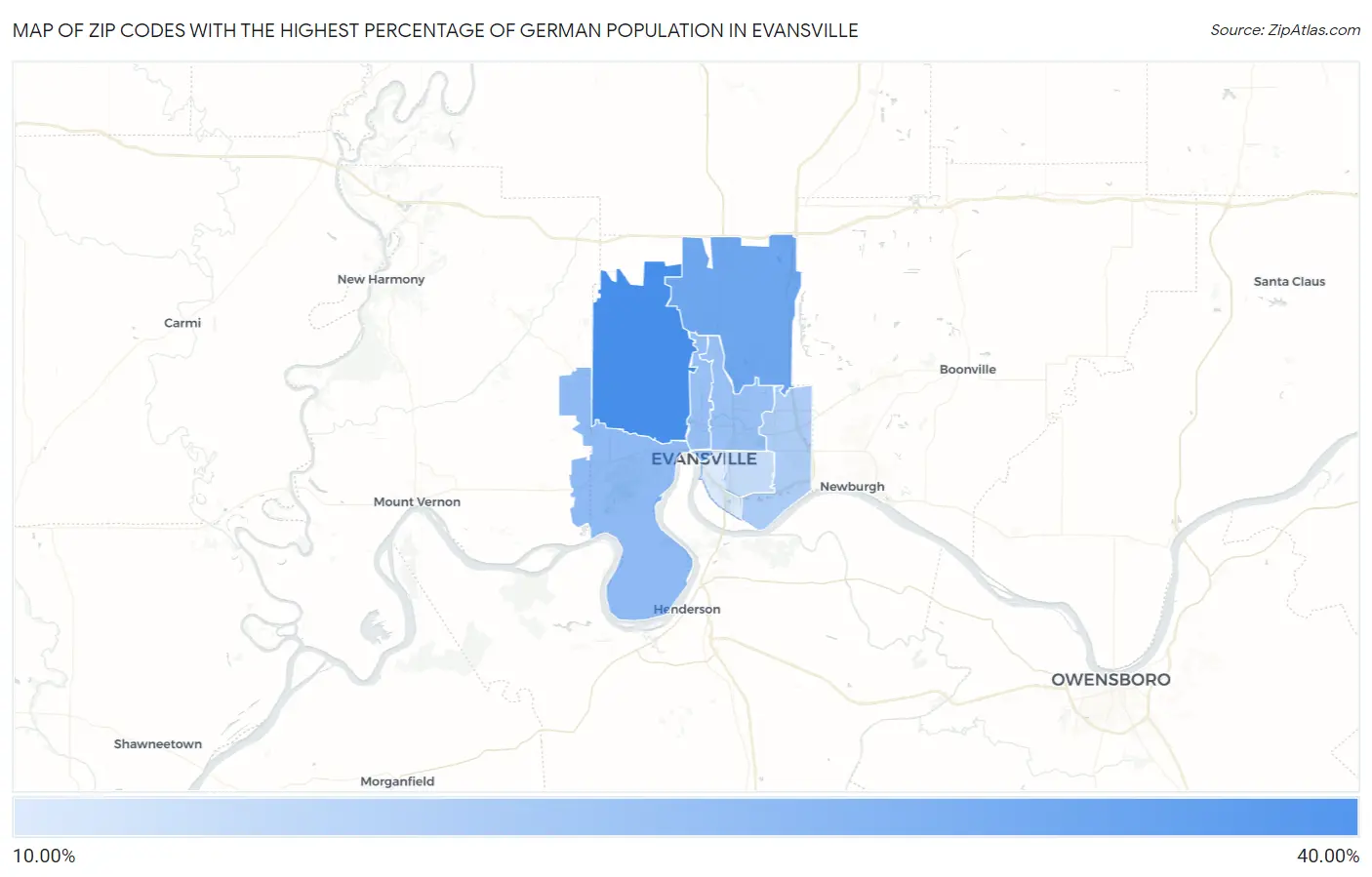 Zip Codes with the Highest Percentage of German Population in Evansville Map