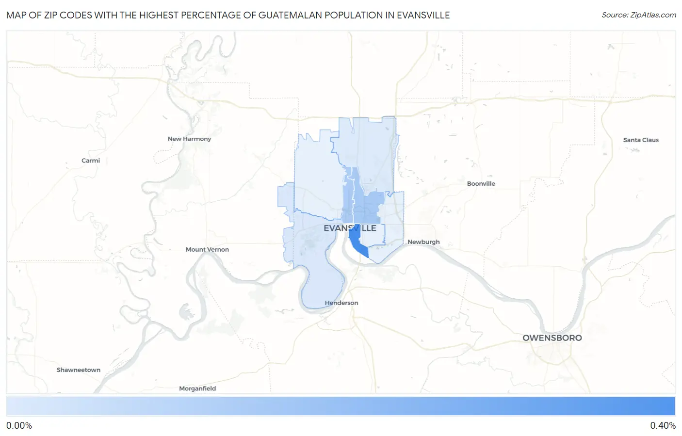 Zip Codes with the Highest Percentage of Guatemalan Population in Evansville Map