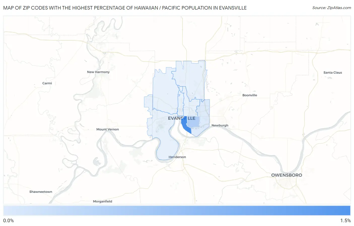Zip Codes with the Highest Percentage of Hawaiian / Pacific Population in Evansville Map