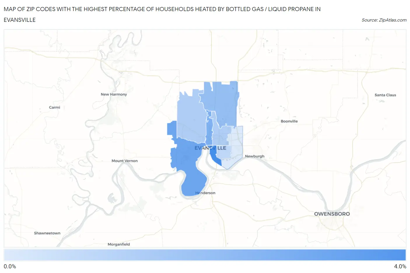 Zip Codes with the Highest Percentage of Households Heated by Bottled Gas / Liquid Propane in Evansville Map