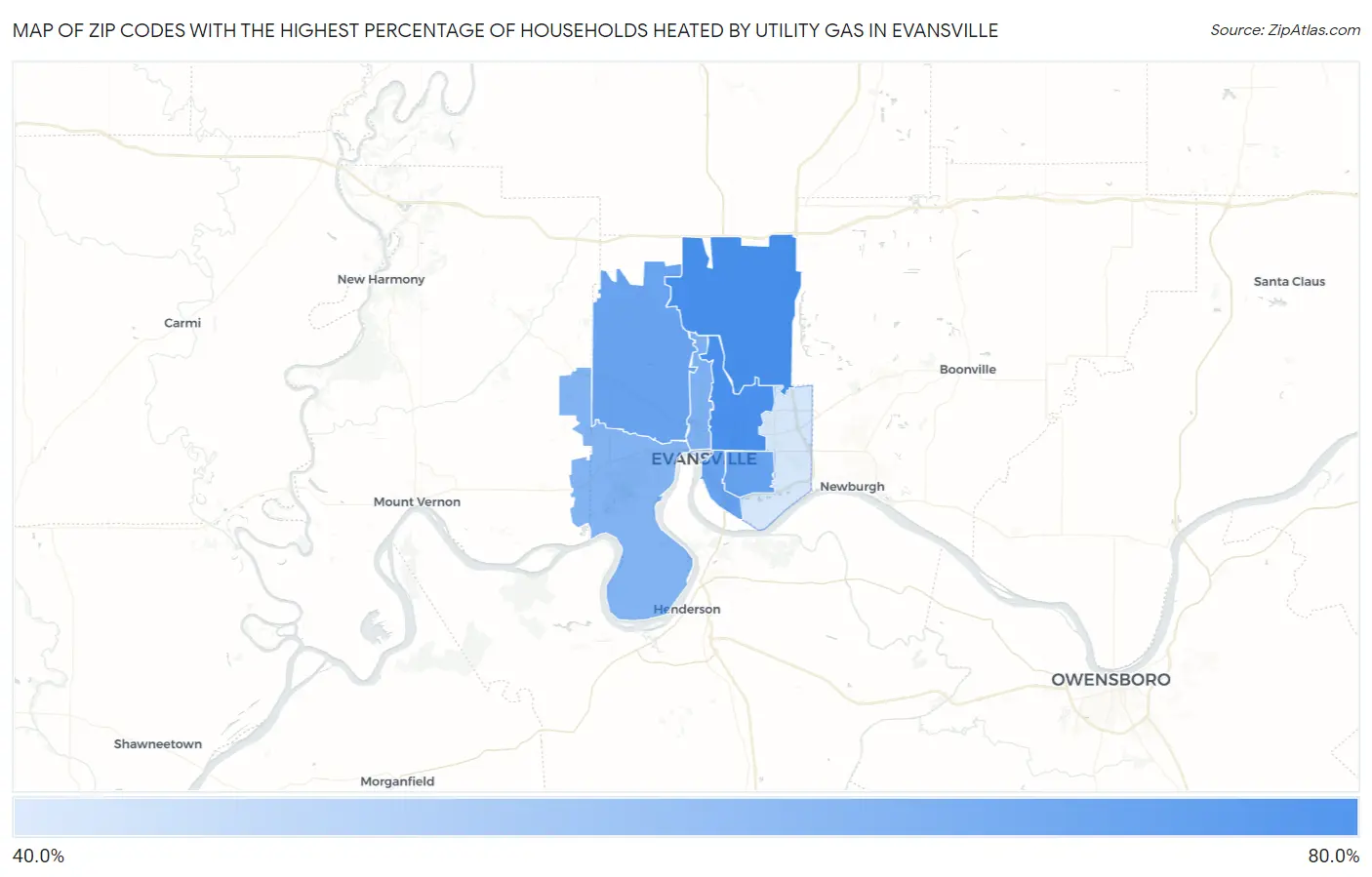 Zip Codes with the Highest Percentage of Households Heated by Utility Gas in Evansville Map