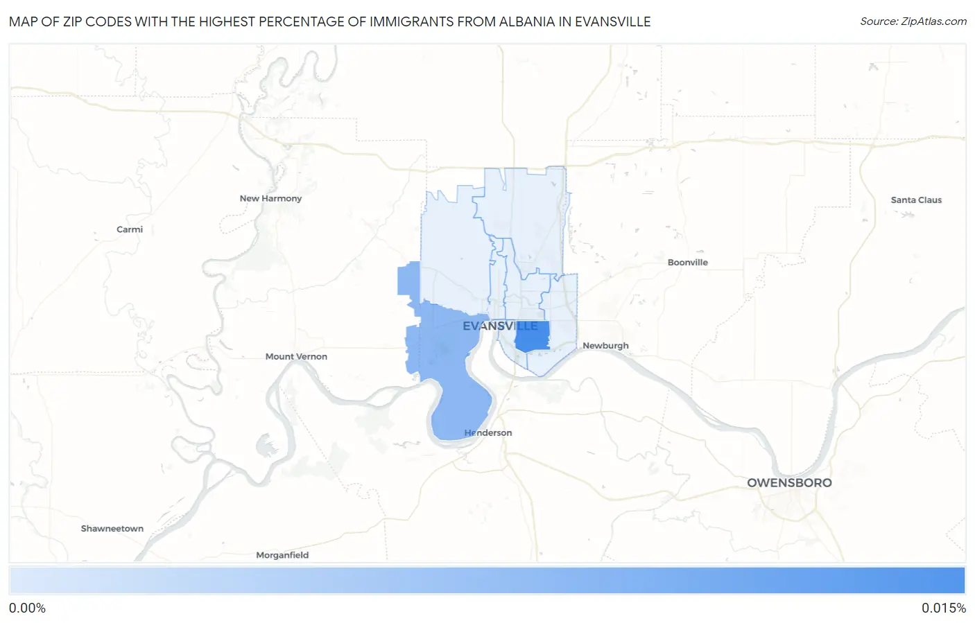 Zip Codes with the Highest Percentage of Immigrants from Albania in Evansville Map