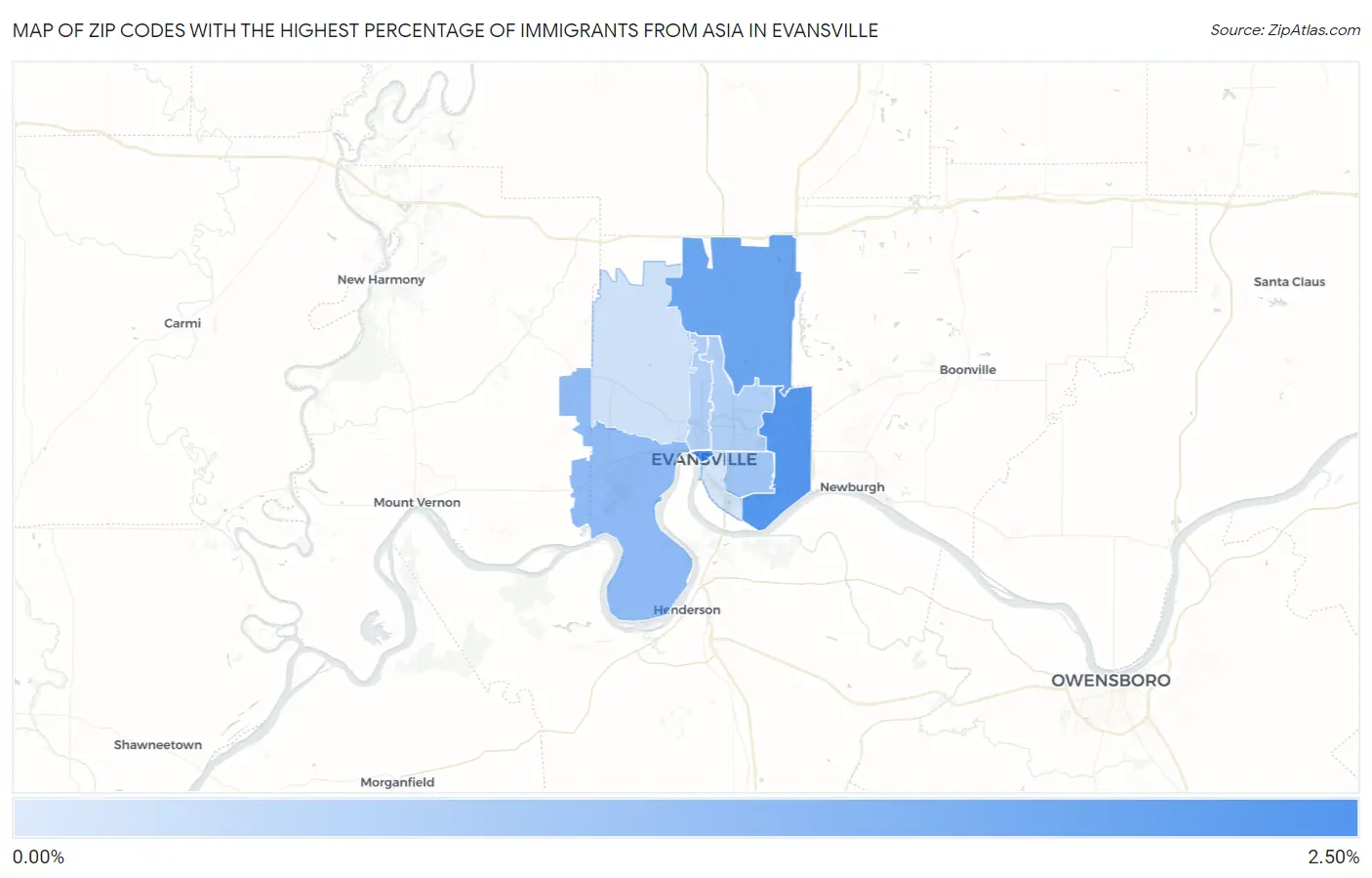 Zip Codes with the Highest Percentage of Immigrants from Asia in Evansville Map
