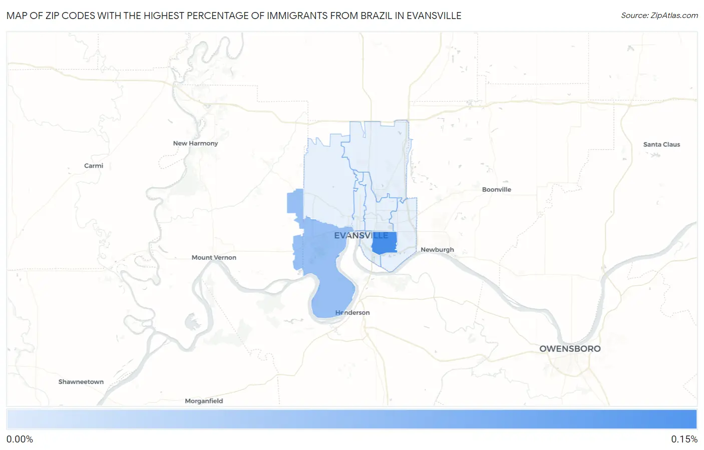 Zip Codes with the Highest Percentage of Immigrants from Brazil in Evansville Map